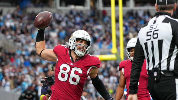 Arizona Cardinals tight end Zach Ertz (86) reacts after scoring a touchdown in the third quarter at Bank of America Stadium. Mandatory Credit: Bob Donnan-USA TODAY Sports