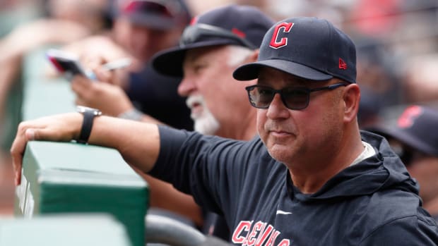 Jul 19, 2023; Pittsburgh, Pennsylvania, USA; Cleveland Guardians manager Terry Francona (77) looks on from the dugout against the Pittsburgh Pirates during the first inning at PNC Park. Mandatory Credit: Charles LeClaire-USA TODAY Sports