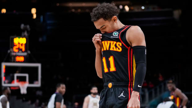 Feb 8, 2022; Atlanta, Georgia, USA; Atlanta Hawks guard Trae Young (11) on the court prior to the game against the Indiana Pacers at State Farm Arena.