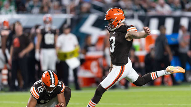 Aug 17, 2023; Philadelphia, Pennsylvania, USA; Cleveland Browns punter Corey Bojorquez (13) holds the ball as place kicker Cade York (3) kicks a field goal during the second quarter against the Philadelphia Eagles at Lincoln Financial Field.