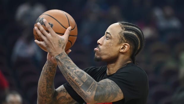 Feb 11, 2023; Cleveland, Ohio, USA; Chicago Bulls forward DeMar DeRozan (11) warms up before the game between the Bulls and the Cleveland Cavaliers at Rocket Mortgage FieldHouse.