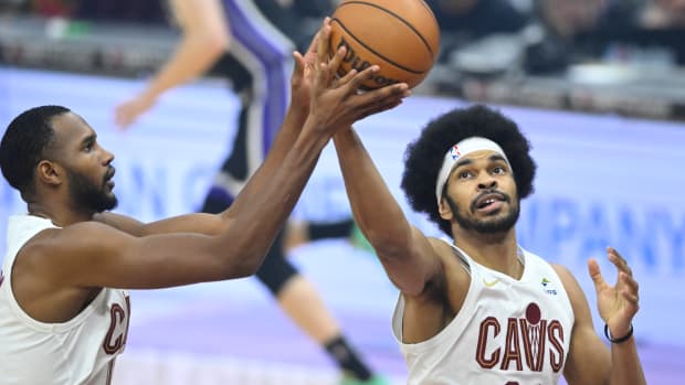 Feb 5, 2024; Cleveland, Ohio, USA; Cleveland Cavaliers center Jarrett Allen (31) rebounds beside forward Evan Mobley (4) in the first quarter against the Sacramento Kings at Rocket Mortgage FieldHouse. Mandatory Credit: David Richard-USA TODAY Sports  