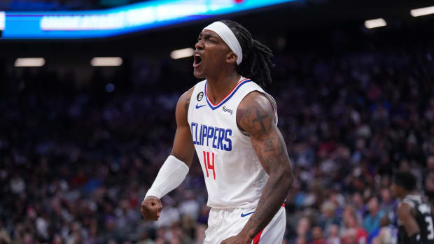 Los Angeles Clippers guard Terance Mann celebrates after a play.