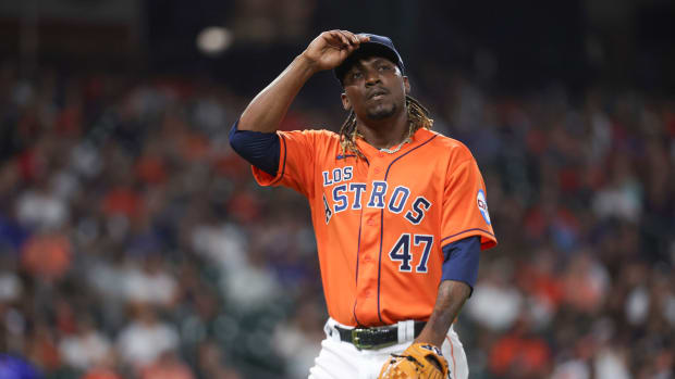 Sep 22, 2023; Houston, Texas, USA; Houston Astros relief pitcher Rafael Montero (47) walks off the mound after pitching during the eighth inning against the Kansas City Royals at Minute Maid Park. Mandatory Credit: Troy Taormina-USA TODAY Sports  
