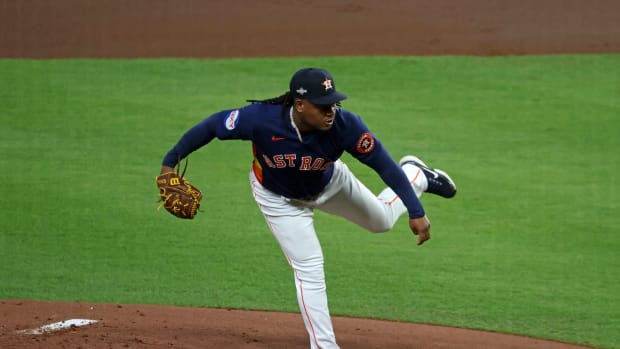 Oct 8, 2023; Houston, Texas, USA; Houston Astros starting pitcher Framber Valdez (59) throws a pitch against the Minnesota Twins in the first inning for game two of the ALDS for the 2023 MLB playoffs at Minute Maid Park. Mandatory Credit: Thomas Shea-USA TODAY Sports  