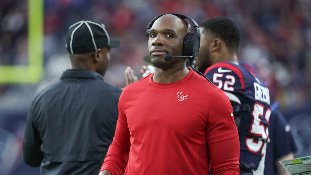 Texans head coach DeMeco Ryans in a 2024 AFC wild card game against the Cleveland Browns at NRG Stadium.