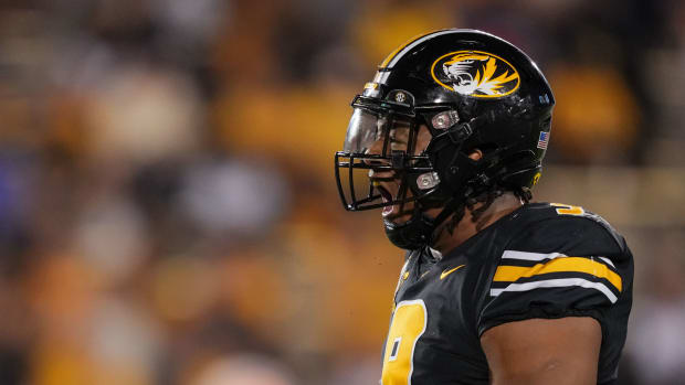 Missouri Tigers defensive lineman Isaiah McGuire (9) celebrates after a sack against the Louisiana Tech Bulldogs during the second half at Faurot Field at Memorial Stadium.