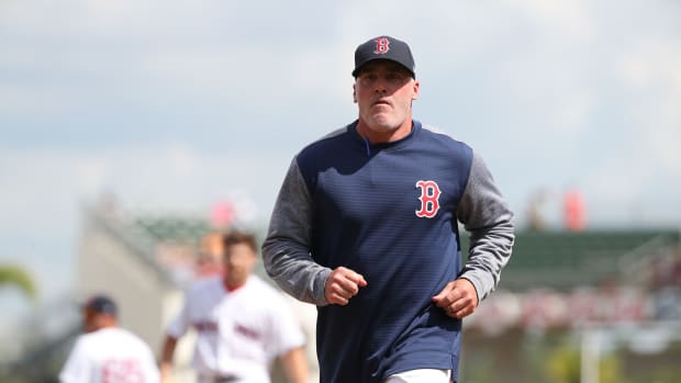 SF Giants director of pitching Brian Bannister jogs off the field with the Red Sox. (2018)