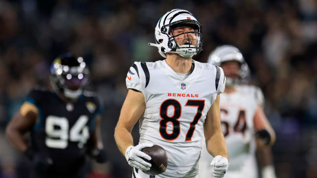 Cincinnati Bengals tight end Tanner Hudson (87) reacts to a first down during the second quarter of a regular season NFL football matchup Monday, Dec. 4, 2023 at EverBank Stadium in Jacksonville, Fla. The Cincinnati Bengals defeated the Jacksonville Jaguars 34-31 in overtime. [Corey Perrine/Florida Times-Union]
