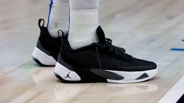 View of black and white Jordan Luka shoes.