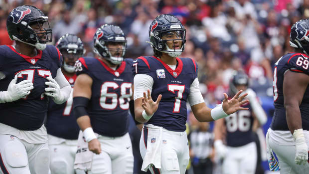 Oct 15, 2023; Houston, Texas, USA; Houston Texans quarterback C.J. Stroud (7) reacts after a play during the third quarter against the New Orleans Saints at NRG Stadium. Mandatory Credit: Troy Taormina-USA TODAY Sports
