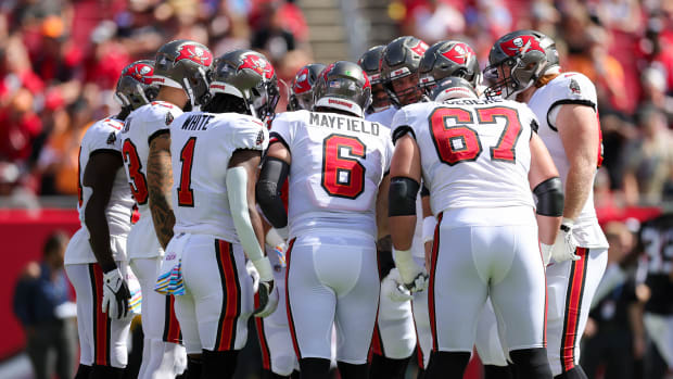 Oct 22, 2023; Tampa, Florida, USA; Tampa Bay Buccaneers quarterback Baker Mayfield (6) leads a huddle against the Atlanta Falcons in the first quarter at Raymond James Stadium.
