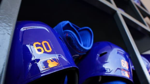 Mar 3, 2023; New York Mets Helmet Port St. Lucie, Florida, USA; A detail view of the helmet of New York Mets shortstop Ronny Mauricio (60) prior to a game against the Washington Nationals at Clover Park. Mandatory Credit: Rich Storry-USA TODAY Sports