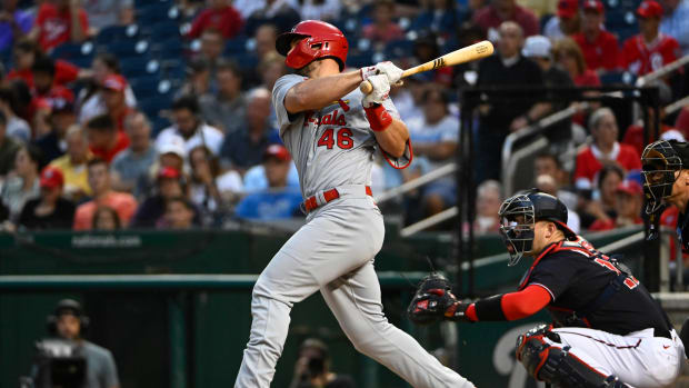 Jun 20, 2023; Washington, District of Columbia, USA; St. Louis Cardinals first baseman Paul Goldschmidt (46) singles against the Washington Nationals during the fifth inning at Nationals Park. Mandatory Credit: Brad Mills-USA TODAY Sports