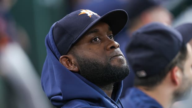 Jul 8, 2023; Houston, Texas, USA; Houston Astros outfielder Yordan Alvarez looks on during the game against the Seattle Mariners at Minute Maid Park. Mandatory Credit: Troy Taormina-USA TODAY Sports