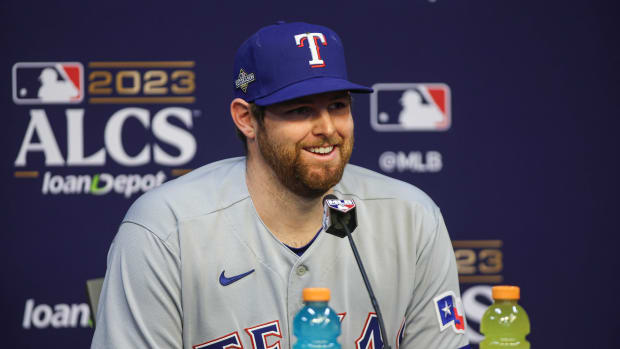 Oct 14, 2023; Houston, TX, USA; Texas Rangers starting pitcher Jordan Montgomery (52) talks with the media before ALCS workouts at Minute Maid Park. Mandatory Credit: Troy Taormina-USA TODAY Sports  