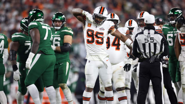 Dec 28, 2023; Cleveland, Ohio, USA; Cleveland Browns defensive end Myles Garrett (95) celebrates after a sack against the New York Jets during the first half at Cleveland Browns Stadium. Mandatory Credit: Scott Galvin-USA TODAY Sports