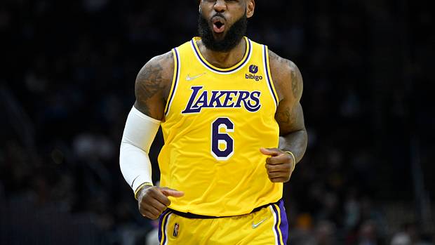 LeBron James reacts after a made shot.