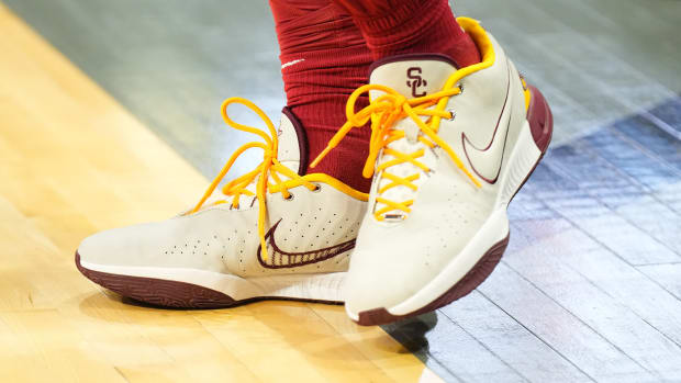 USC Trojans guard Bronny James' white and cardinal Nike sneakers.