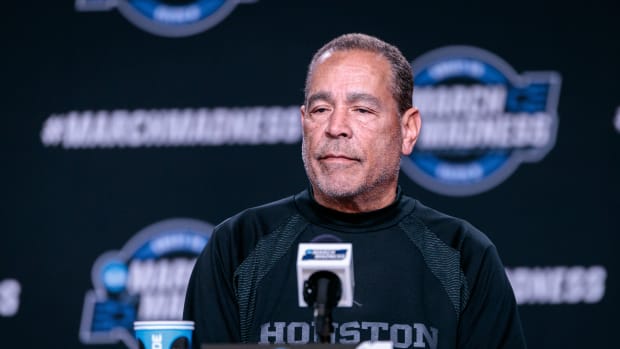 Mar 23, 2023; Kansas City, MO, USA; Houston Cougars coach Kelvin Sampson speaks during the team press conference at T-Mobile Center.