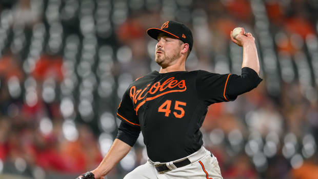 Jun 28, 2023; Baltimore, Maryland, USA; Baltimore Orioles relief pitcher Keegan Akin (45) throws a pitch during the tenth inning against the Cincinnati Reds at Oriole Park at Camden Yards. Mandatory Credit: Reggie Hildred-USA TODAY Sports  