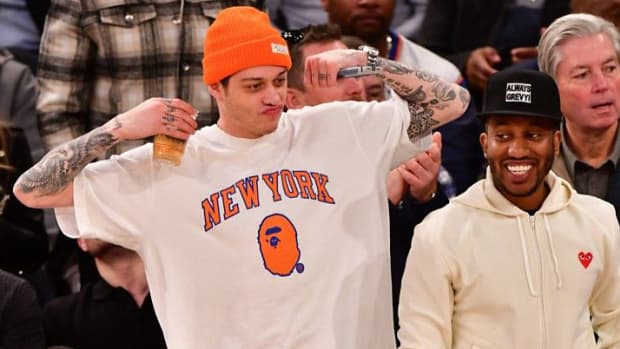 Actors Pete Davidson and Chris Redd courtside for a New York Knicks game against the Philadelphia 76ers at Madison Square Garden.