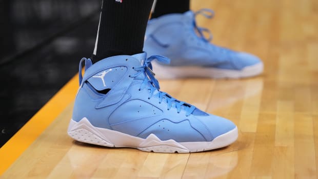 Miami Heat forward P.J. Tucker wears the Air Jordan 7 'Pantone' shoes against the New York Knicks on March 25, 2022.