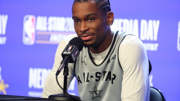 Shai Gilgeous-Alexander speaks before the NBA All-Star practice.