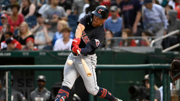 Apr 14, 2023; Washington, District of Columbia, USA; Cleveland Guardians right fielder Will Brennan (17) hits a double against the Washington Nationals during the second inning at Nationals Park. Mandatory Credit: Brad Mills-USA TODAY Sports