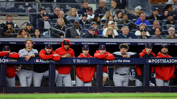 Oct 18, 2022; Bronx, New York, USA; The Cleveland Guardians watch their team play against the New York Yankees during the eighth inning in game five of the ALDS for the 2022 MLB Playoffs at Yankee Stadium. Mandatory Credit: Brad Penner-USA TODAY Sports