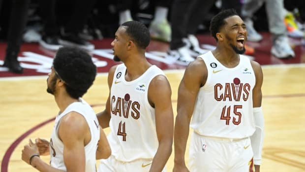 Apr 15, 2023; Cleveland, Ohio, USA; Cleveland Cavaliers guard Donovan Mitchell (45), right, celebrates against the New York Knicks in the fourth quarter of game one of the 2023 NBA playoffs at Rocket Mortgage FieldHouse.