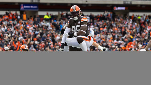 Dec 10, 2023; Cleveland, Ohio, USA; Cleveland Browns tight end David Njoku (85) celebrates his touchdown run against the Jacksonville Jaguars during the second quarter at Cleveland Browns Stadium. Mandatory Credit: Scott Galvin-USA TODAY Sports
