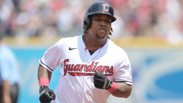 Jul 26, 2023; Cleveland, Ohio, USA; Cleveland Guardians designated hitter Jose Ramirez (11) rounds the bases after hitting a home run during the first inning against the Kansas City Royals at Progressive Field. Mandatory Credit: Ken Blaze-USA TODAY Sports