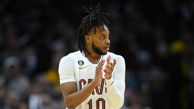 Mar 4, 2023; Cleveland, Ohio, USA; Cleveland Cavaliers guard Darius Garland (10) celebrates in the third quarter against the Detroit Pistons at Rocket Mortgage FieldHouse. Mandatory Credit: David Richard-USA TODAY Sports