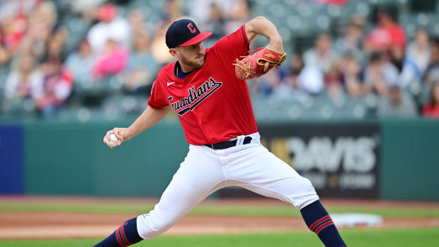 Sep 16, 2023; Cleveland, Ohio, USA; Cleveland Guardians starting pitcher Tanner Bibee (61) throws a pitch during the first inning against the Texas Rangers at Progressive Field. Mandatory Credit: Ken Blaze-USA TODAY Sports