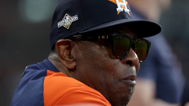 Oct 16, 2023; Houston, Texas, USA; Houston Astros manager Dusty Baker Jr. (12) looks on in the third inning against the Texas Rangers during game two of the ALCS for the 2023 MLB playoffs at Minute Maid Park. Mandatory Credit: Thomas Shea-USA TODAY Sports  