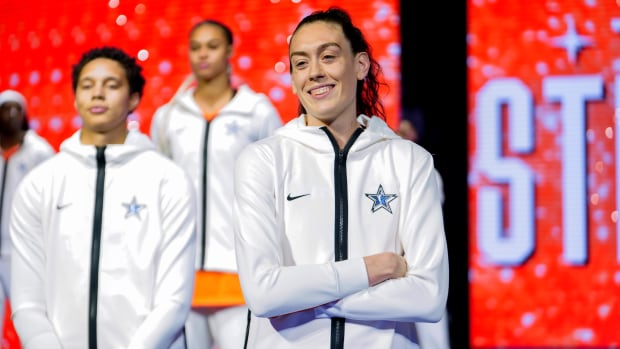Breanna Stewart poses during player introductions prior to the 2023 WNBA All-Star Game.
