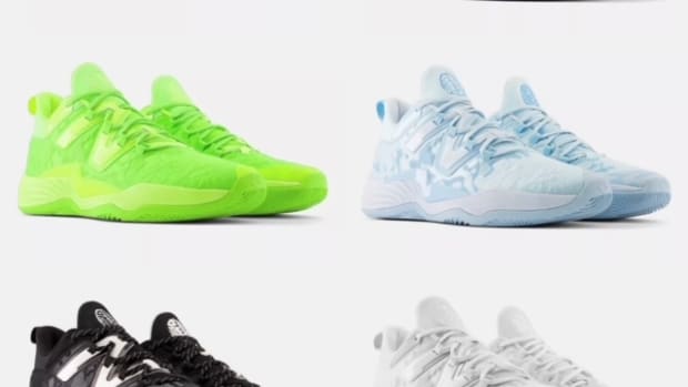 View of six New Balance basketball shoes in different colors.