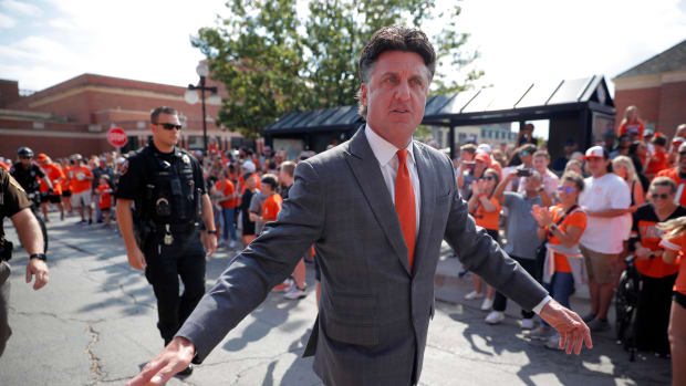 Sep 16, 2023; Stillwater, Oklahoma, USA; Oklahoma State Cowboys coach Mike Gundy arrives at the stadium before a game against the South Alabama Jaguars at Boone Pickens Stadium. Mandatory Credit: Bryan Terry-USA TODAY Sports