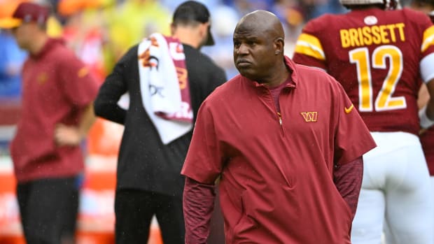 Washington Commanders offensive coordinator Eric Bieniemy on the field before the game against the Buffalo Bills at FedExField.