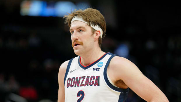 Gonzaga Bulldogs forward Drew Timme (2) looks on during a break in play against the Arkansas Razorbacks during the first half in the semifinals of the West regional of the men's college basketball NCAA Tournament at Chase Center.
