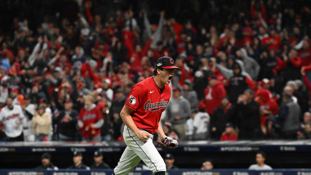 Oct 16, 2022; Cleveland, Ohio, USA; Cleveland Guardians starting pitcher Cal Quantrill (47) reacts against the New York Yankees in the fifth inning during game four of the ALDS for the 2022 MLB Playoffs at Progressive Field. Mandatory Credit: Ken Blaze-USA TODAY Sports