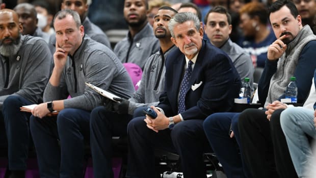  Monumental sports owner Ted Leonsis sits court side during the first half of the game between the Washington Wizards and the Chicago Bulls at Capital One Arena. 