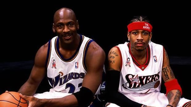 Allen Iverson and Michael Jordan in a photo shoot for the 2002 NBA All-Star Game.