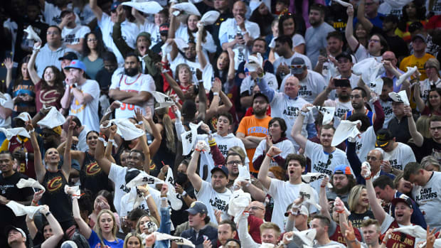Apr 15, 2023; Cleveland, Ohio, USA; Fans cheer in the fourth quarter of game one of the 2023 NBA playoffs between the Cleveland Cavaliers and the New York Knicks at Rocket Mortgage FieldHouse.