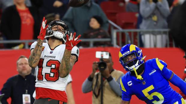Mike Evans makes a catch over Jalen Ramsey.