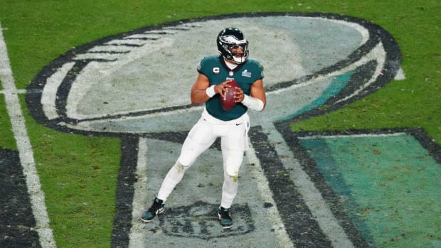 Philadelphia Eagles quarterback Jalen Hurts drops back to pass during Super Bowl LVII.