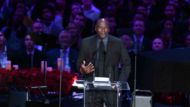 NBA legend Michael Jordan speaks to the audience during the memorial to celebrate the life of Kobe Bryant and daughter Gianna Bryant