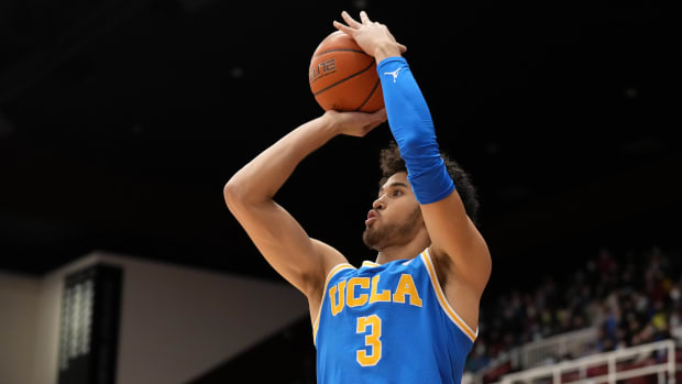 UCLA Bruins guard Johnny Juzang (3) shoots during the first half against the Stanford Cardinal at Maples Pavilion.