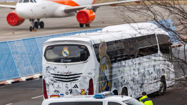 Real Madrid's team bus pictured at Erfurt Airport in Germany one day before the club's UEFA Champions League game against RB Leipzig in the round of 16 in February 2024